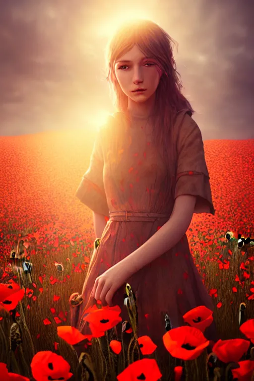 Image similar to epic Beautiful art portrait of a light elemental girl in a poppy' field , atmospheric lighting, intricate detail, cgsociety, hyperrealistic, octane render, RPG portrait, ambient light, dynamic lighting