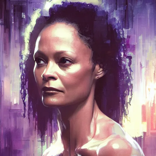 Image similar to thandie newton, hyperrealistic portrait, bladerunner street, art of elysium by jeremy mann and alphonse mucha, fantasy art, photo realistic, dynamic lighting, artstation, poster, volumetric lighting, very detailed face, 4 k, award winning