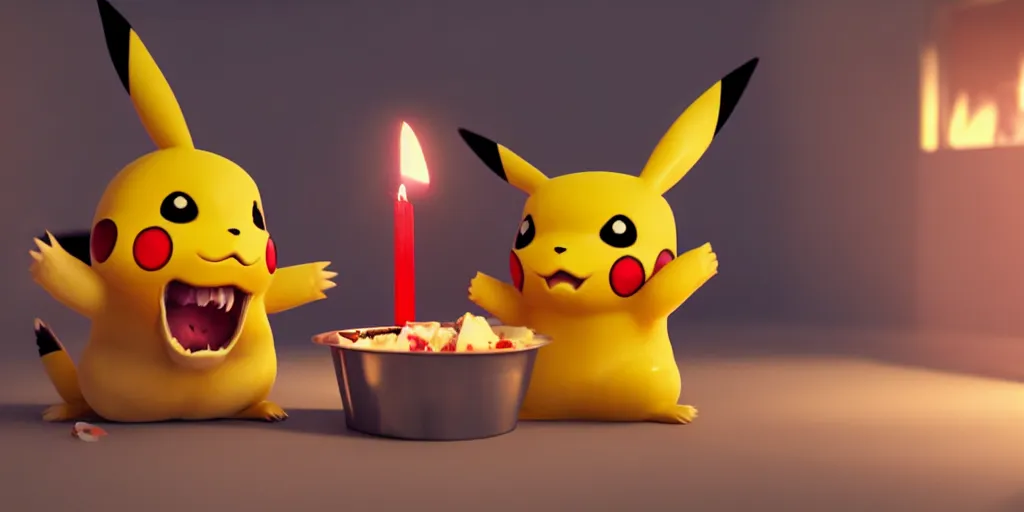 Prompt: pikachu devouring and eating and killing a dog sharp teeth burtal eyes scary mouth dark room red candles trash bin octane unreal engine render 8k photorealistic extreme detail textured