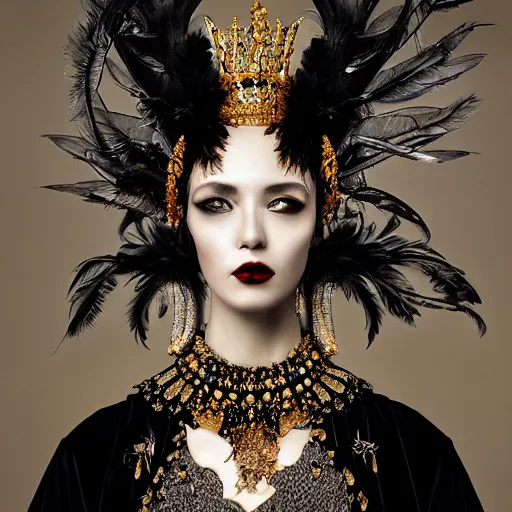 Prompt: a hyperrealistic high fashion portrait of a fierce proud queen of ravens, in a black dress with a collar made of iridescent feathers and golden adornments, photorealistic, intricate details, by zhang jingna and soey milk and amir ershadi and anja millen