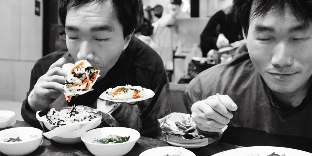 Image similar to a man eating bibimbap by huskmitnavn, black and white