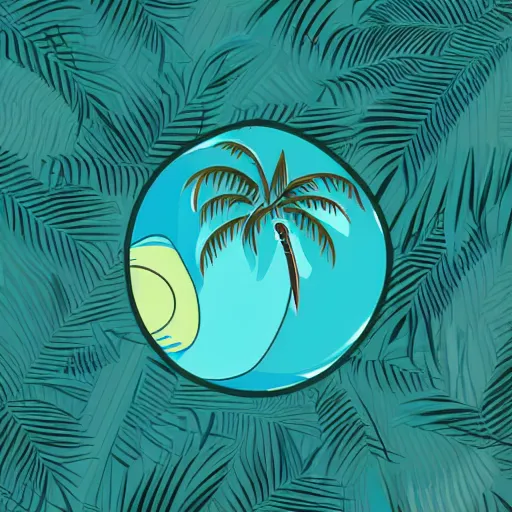 Prompt: waves in bottom front of a palm tree, a giant volleyball with seams in the background, vector logo, professional sports style, flat colour, svg, professional, sharp edges