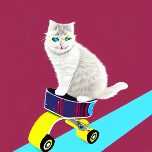 Prompt: A fluffy cat standing on its back legs, wearing high top sneakers and sunglasses, riding a skateboard, digital art