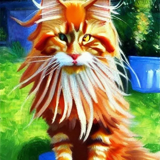 Image similar to beautiful impressionist painting of an ginger maine coon with a white beard cooking a bbq outside