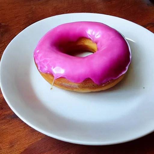 Image similar to A delicious pink donut on a plate in a log cabin