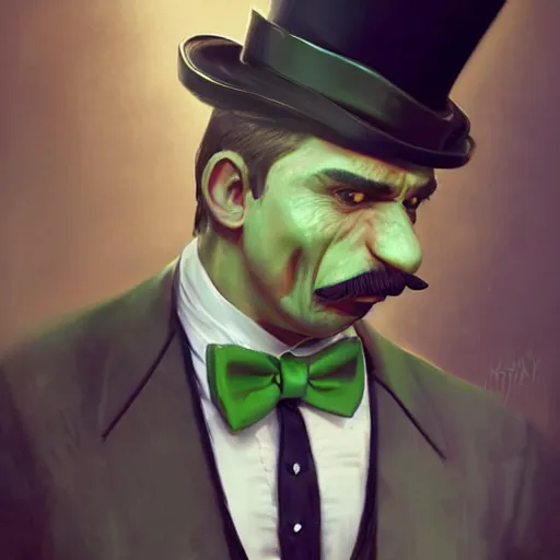 Prompt: hyper realistic portrait, beautifully rendered, luis guzman as dapper fancy luigi wearing a green top hat, green suit and bowtie, smirking deviously, painted by greg rutkowski, wlop, artgerm, dishonored 2