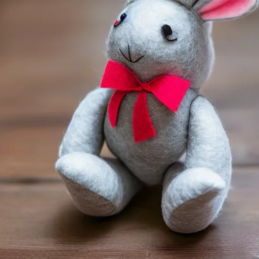 Image similar to a cute elegant felt plush doll of a rabbit wearing overalls