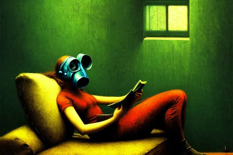 Prompt: girl with wearing a gas mask lying on the sofa reading a book in her room, in the style of beksinski, solarpunk, atmospheric, intricate and epic composition, green by caravaggio, insanely quality, highly detailed, masterpiece, blue light, artstation, 4 k