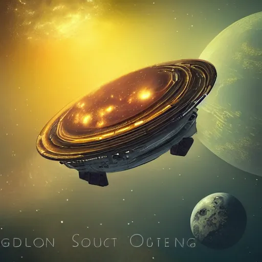 Prompt: giant mothership in space landing at a golden city floating in outerspace, realistic, detailed, digital art, 8k, space, galaxy, stars, art station, destiny