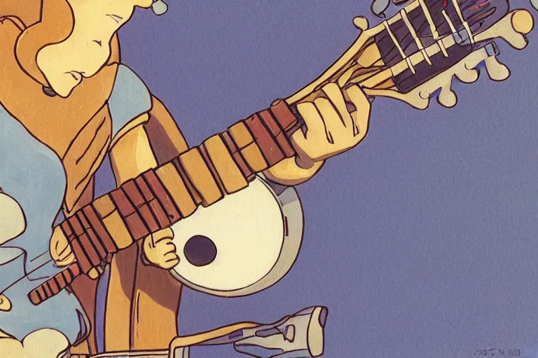 Image similar to A cell animation of a robot playing guitar, Nausicaa of the Valley of the Wind, Miyazaki Hayao, ghibli style, illustration, anime, trending on artstaion