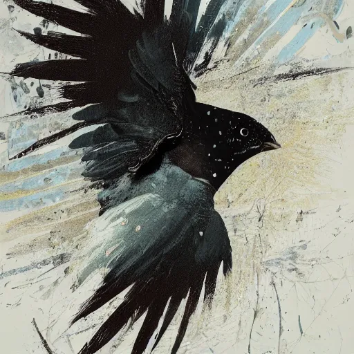 Prompt: a full-metal neon-winged austral thrush, the background is the kernel source of a virtual world, oil on canvas by Yoji Shinkawa and Stina Persson