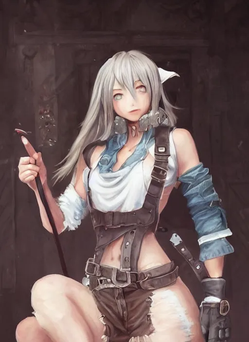 Image similar to a portrait of catgirl wearing white vest, and denim shorts an ultrafine detailed painting, detailed painting, detailed eyes!!, final fantasy, octopath traveler