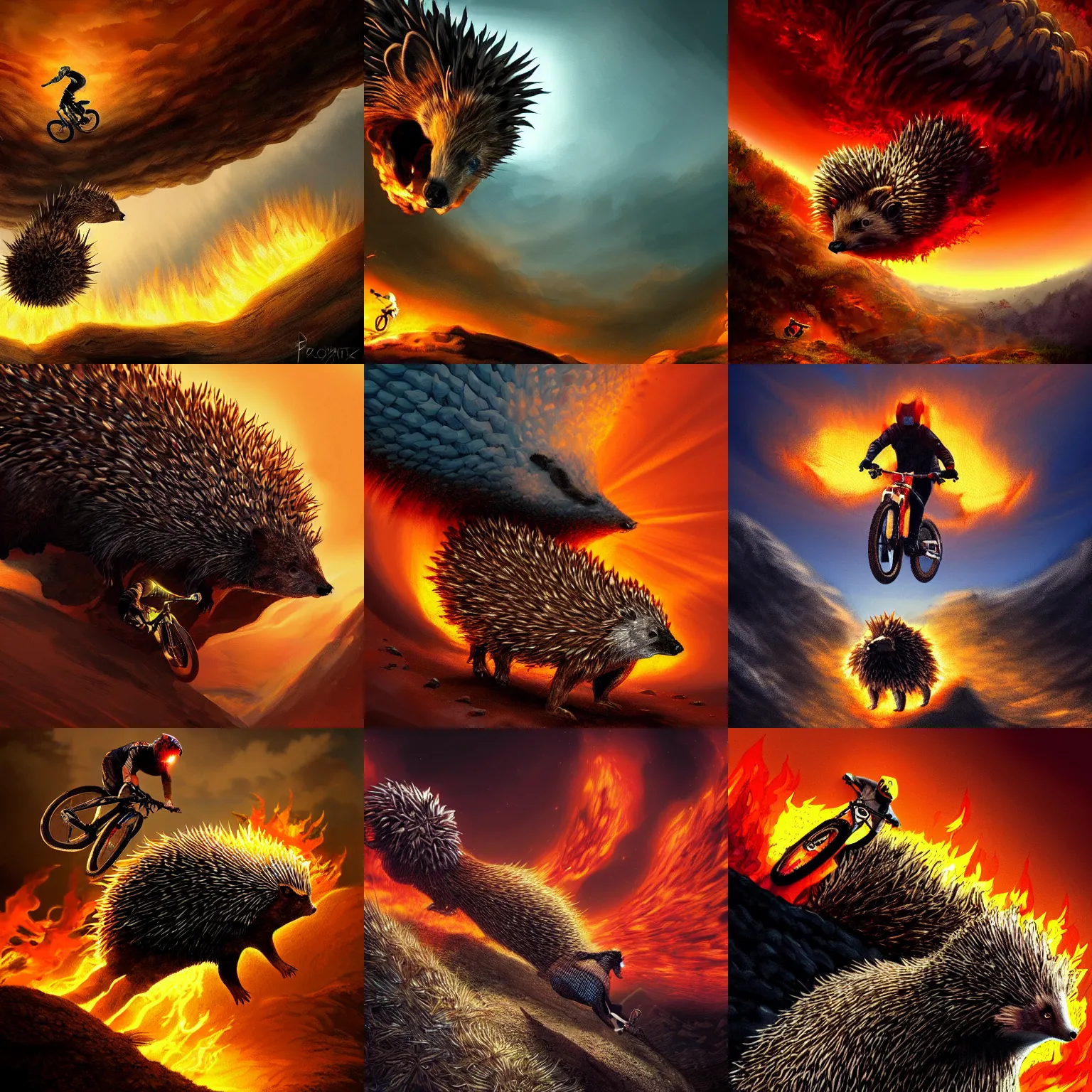 Prompt: mountain biker flying over a large hedgehog, falling down into the fiery depths of hell, elevated point of view, dramatic lighting, intricate, elegant, digital art, artstation