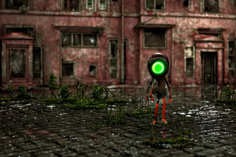 Prompt: Broken ugly toy doll with glowing eyes lying on old courtyard with puddles and an old playground between two soviet five-storey overgrown with ivy panel houses, high details, cinematic, Silent Hill, 8k resolution, beautiful detailed, insanely intricate details, artstation trending, rule of third, octane render, unreal engine