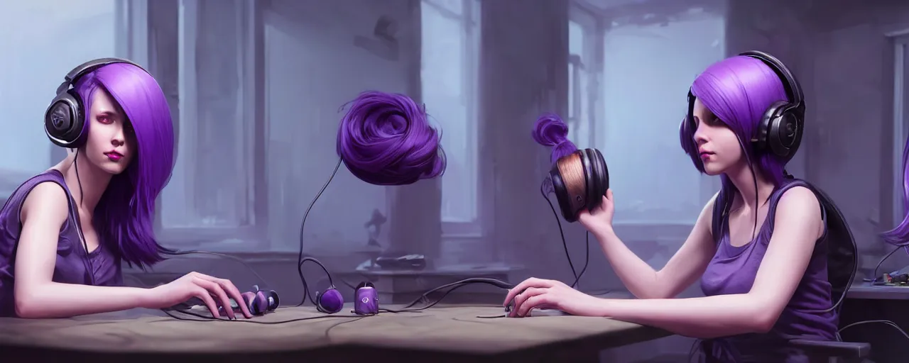 Image similar to wide - shot of stunningly beautiful purple haired female with headphones at home studio streaming computer games late at night, very detailed, 4 k, concept art like ernest khalimov, intricate details, highly detailed by greg rutkowski, ilya kuvshinov, gaston bussiere, craig mullins, simon bisley, backlit