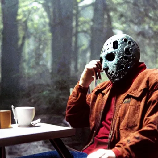 Image similar to photograph of jason voorhees having a coffee at an european caffé