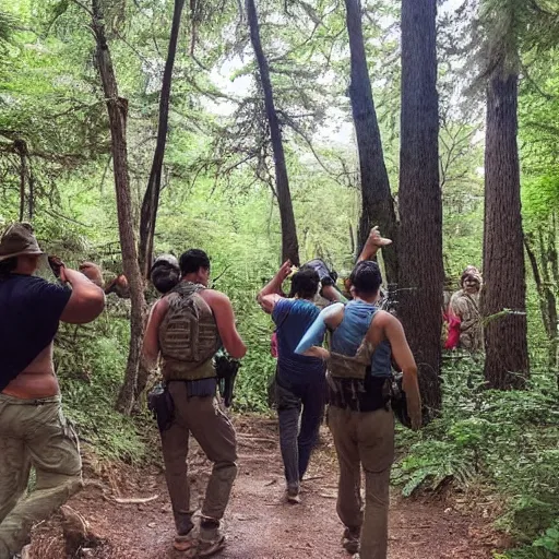 Image similar to A group of friends were hiking through the woods when they came across an ancient temple. They are surrounded by a group of armed men.