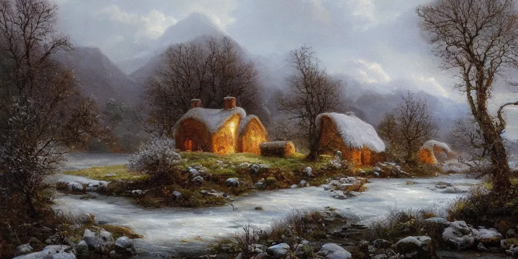 Prompt: a beautiful landscape painting of a cottage by a river in a valley, snowing, by john glover, oil on canvas, highly detailed, hd, 4 k