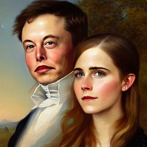 Image similar to elon musk ( left ) and emma watson in an 1 8 5 5 painting by elisabeth jerichau - baumann. painting, oil on canvas