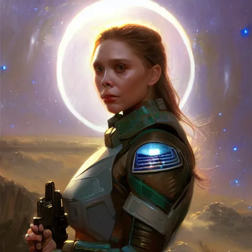 Prompt: Elizabeth Olsen as a space sci-fi soldier, closeup character art by Donato Giancola, Craig Mullins, digital art, trending on artstation