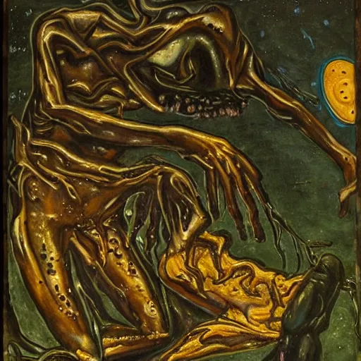 Image similar to dark green sci-fi lab at night gustave coubert painting of black onyx skin horror zombie dressed in rags exposed guts crawling in two legs and dripping golden metalic fluid from intestine into a puddle of golden liquid on the floor.