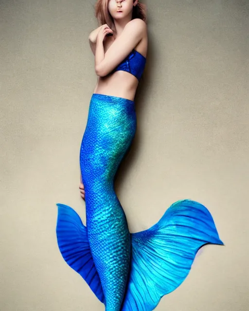 Image similar to hyper realistic fashion photography of a beautiful mermaid with a beautiful blue tail