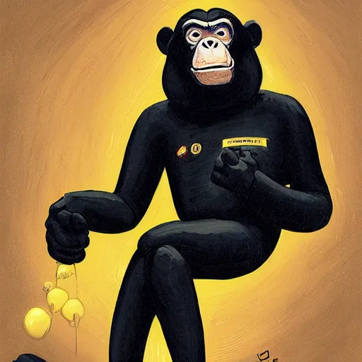 Prompt: portrait of a straight forward looking Chimpanzee in black spacesuit with golden elements, by Skottie Young and WLOP