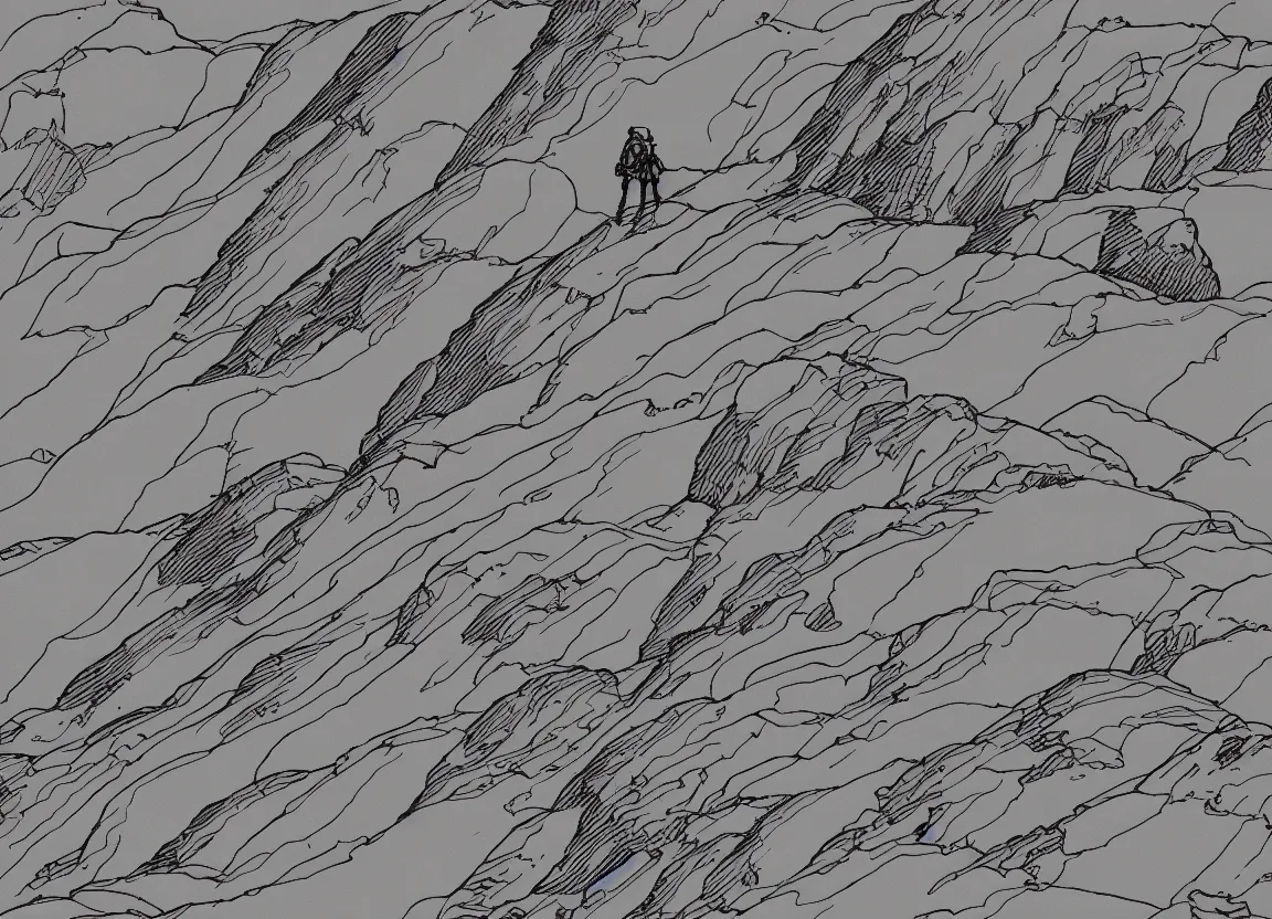 Image similar to backpacker standing on ridgeline in utah, minimalist line art by moebius, clean long lines, ultra detailed