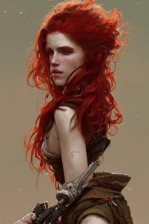 Image similar to A full portrait of a beautiful post apocalyptic red haired, gap toothed, freckled explorer, intricate, elegant, highly detailed, digital painting, artstation, concept art, smooth, sharp focus, illustration, art by Krenz Cushart and Artem Demura and alphonse mucha