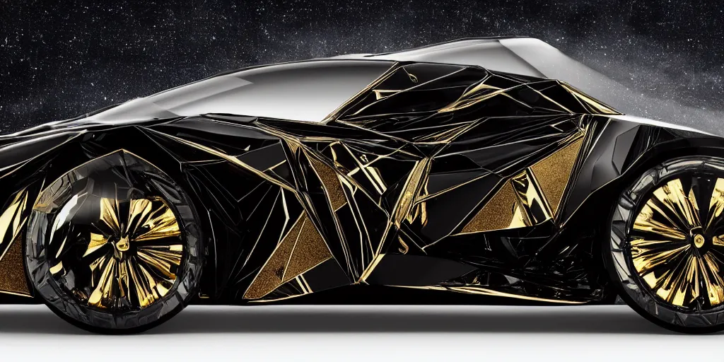 Prompt: a sleek interstellar warship in gleaming obsidian black and scintillating 24K gold designed by HP