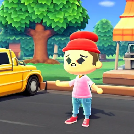 Prompt: screenshot of a carjacking in animal crossing