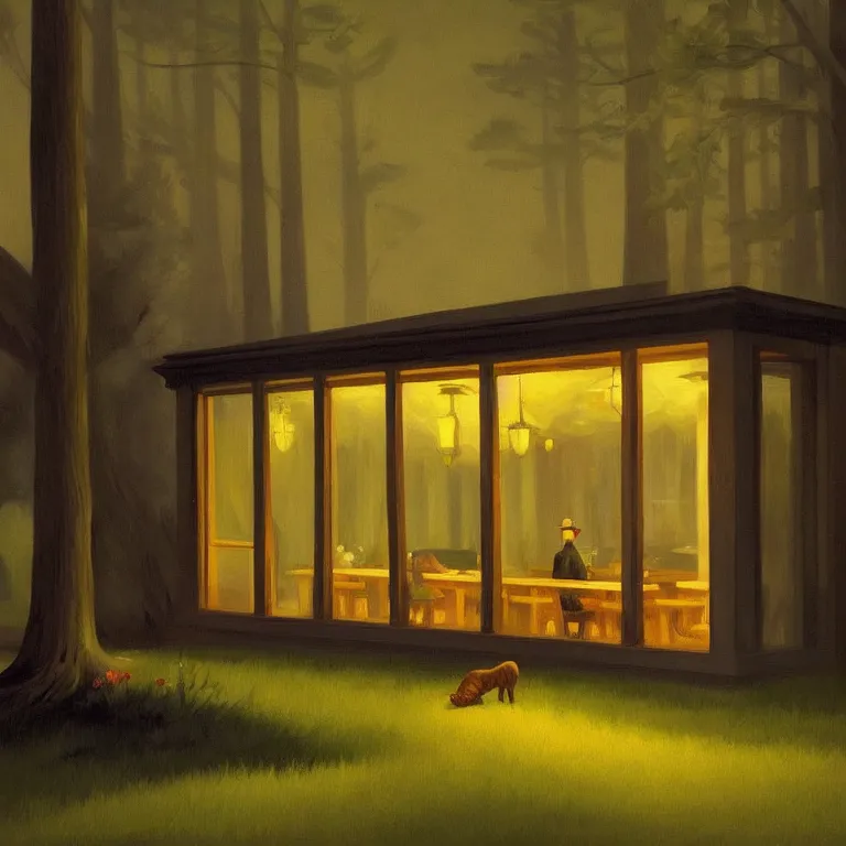 Prompt: a storybook illustration of a scared animal, fireflies, quiet night foggy scene painted by Edward Hopper masterpiece, intricate, elegant, fantasy, highly detailed, digital painting, concept art, sharp focus, artstation