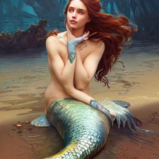 Prompt: a sad mermaid covered in an oil spill, ultra realistic, concept art, intricate details, highly detailed, photorealistic, octane render, 8 k, unreal engine. art by artgerm and greg rutkowski and magali villeneuve and alphonse mucha