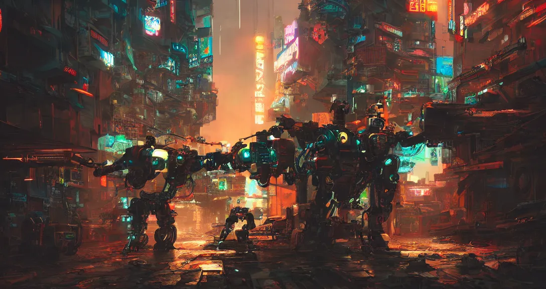 Image similar to cyberpunk robot samurai fighting cyborg cowboy, neon, apocalyptic, intricate, detailed, volumetric lighting, scenery, digital painting, highly detailed, artstation, sharp focus, illustration, concept art