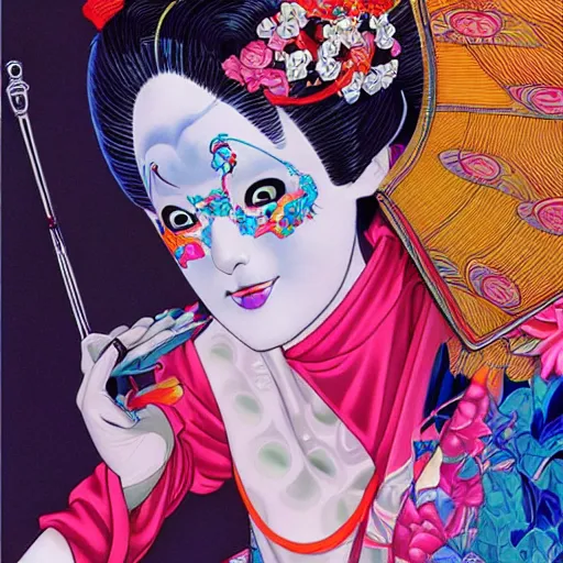 Prompt: colorful illustration of geisha, by hajime sorayama and james jean and junji ito