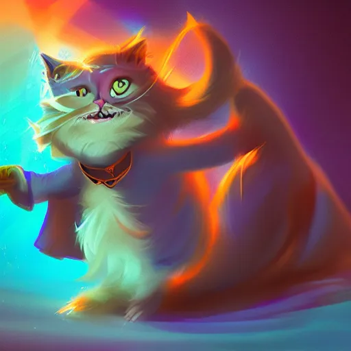 Image similar to wizard is laughing at a small cat, dynamic pose, chromatic aberration, medium level shot, comedy, fantasy, illustration, concept art,