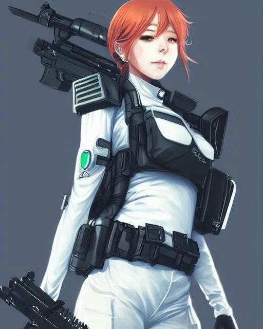 Image similar to nami, anime key visual of a young female swat officer, neon, cyberpunk, futuristic, white clothing, black vest, swat helmet, stunning, highly detailed, digital painting, smooth, soft focus, illustration, 4 k digital art from artstation by artgerm and greg rutkowski and alphonse mucha