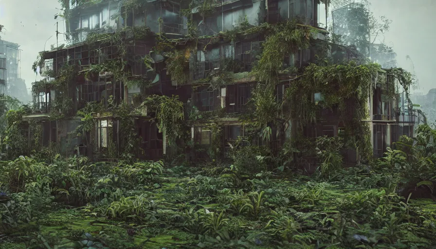 Prompt: Abandoned Building Overgrown by beautiful plants, Dystopian Slum, Hyperrealism, Hyperdetailed, Intricate Details, Anamorphic Lens, Cinematic Lighting, Volumetric Lights, Raytracing Reflections, Unreal Engine 5