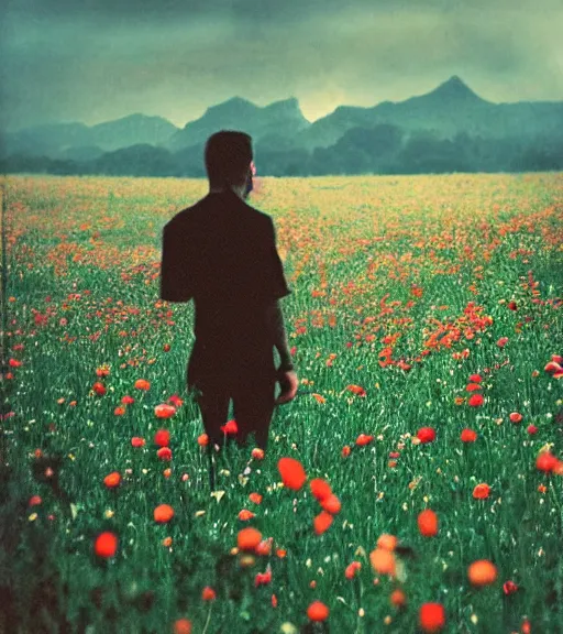 Image similar to mystical death god standing in tall meadow of flowers, distant, vintage film photo, grainy, high detail, high resolution