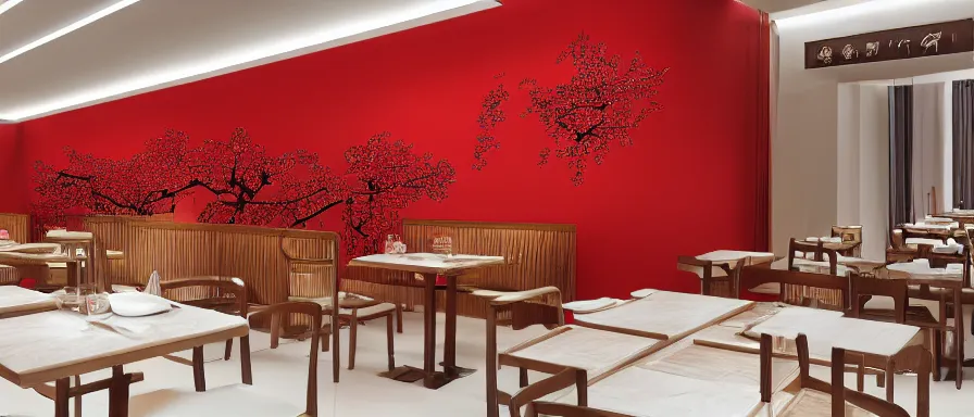 Image similar to a beautiful simple interior render of roasted string hotpot restaurant restaurant yan'an, wall corner, from china, red paper wall and white tile floor, with merchant logo, fine simple delicate structure, chinese style, simple composition, simple style structure decoration design, victo ngai, 4 k hd