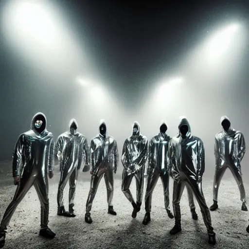 Image similar to unsplash contest winning photo, a giant crowd of men in full - body shiny reflective silver latex suits including masks and pants and shirts, inside a colorful dramatic unique rocky western landscape, low fog, neon light tube