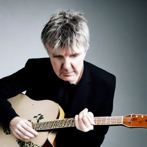 Prompt: A photograph of Neil Finn staring at his guitar intently, angry, burning with rage