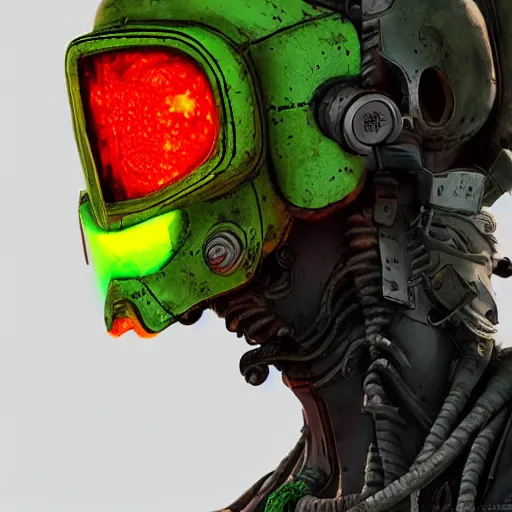 Image similar to helmet cyberpunk made of green lava and fire in borderlands 3 style, concept art character modeling, body made of green lava and fire, marvelous designer, z brush, maya, digital 3 d, 4 k, epic size, epic scale, ultra detailed digital art, furry art, macro art, deviantart, realistic