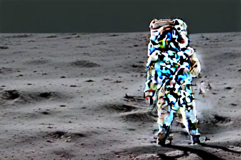 Image similar to still photo of astronaut in a space suit walking on the surface of moon, highly detailed, photorealistic portrait, bright studio setting, studio lighting, crisp quality and light reflections, unreal engine 5 quality render