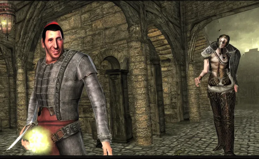 Image similar to Adam Sandler as a character in the PC video game Gothic 1, screenshot