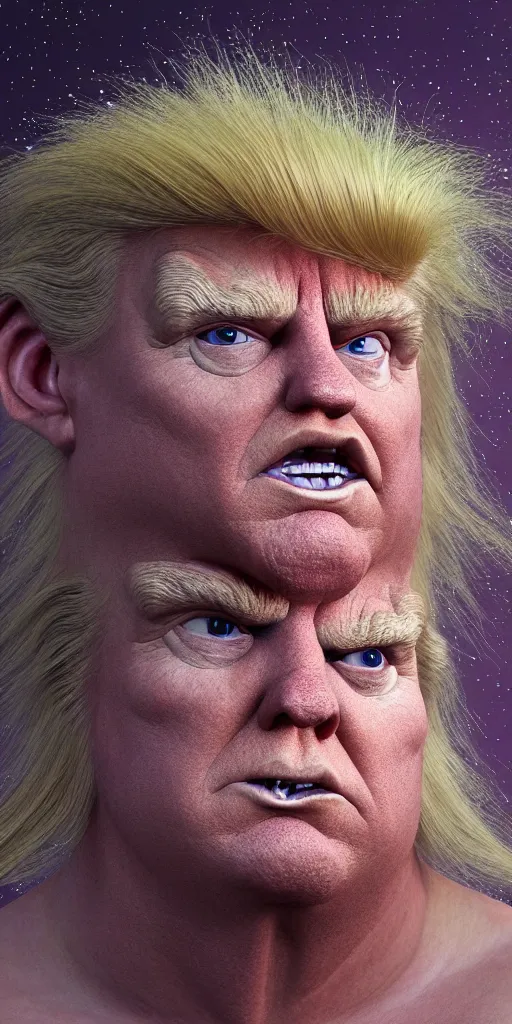 Image similar to hyperrealistic mixed media painting of Trump as a Norwegian Troll doll, stunning 3d render inspired art by P. Craig Russell and Barry Windsor-Smith + perfect facial symmetry + dim volumetric lighting, head and shoulders, serious expression, 8k octane beautifully detailed render, post-processing, extremely hyperdetailed, intricate, epic composition, grim yet sparkling atmosphere, cinematic lighting + masterpiece, trending on artstation, very detailed, masterpiece, stunning