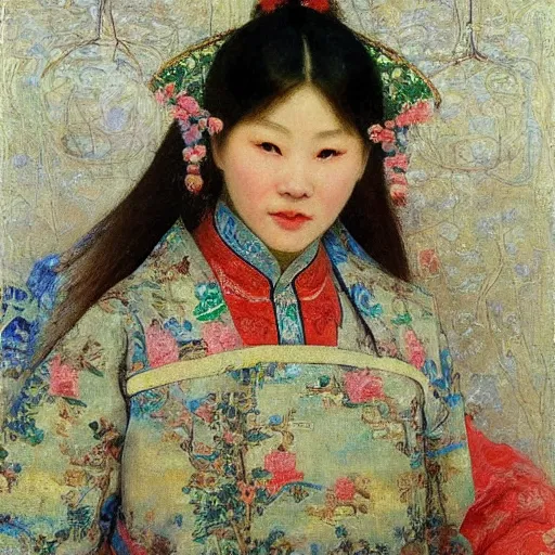 Image similar to portrait of chinese beauty masterpiece painting by vasnetsov and surikov, JEAN-VICTOR BERTIN, by Terence Cuneo, detailed, t artfully traced