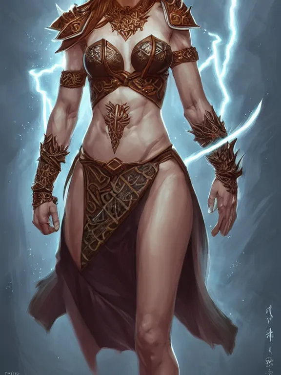 Prompt: symmetry!! intense fanart of a mage warrior as acotar protagonist in bikini armor, magic lightning ring, fireball hand, runic tattoos, intricate, elegant, highly detailed, digital painting, artstation, concept art, smooth, sharp focus, illustration, by cgsociety and stefan kostic and stanley lau and artgerm, gorgeous, elegant