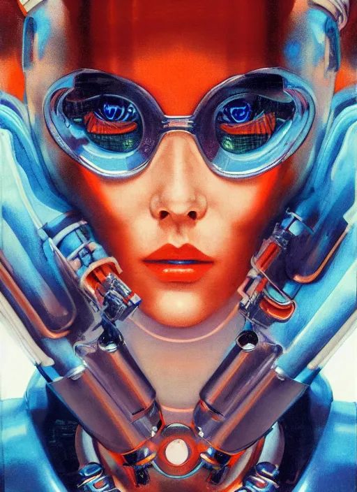 Image similar to ( ( symmetry ) ) closeup portrait of a chrome stunning cyborg girl crying tears, racer jumpsuit with shoulder pads, strong cinematic light, teal orange, viscous volumetric smoke, mist, by gerald brom, by mikhail vrubel, by peter elson, muted colors, extreme detail, trending on artstation, 8 k