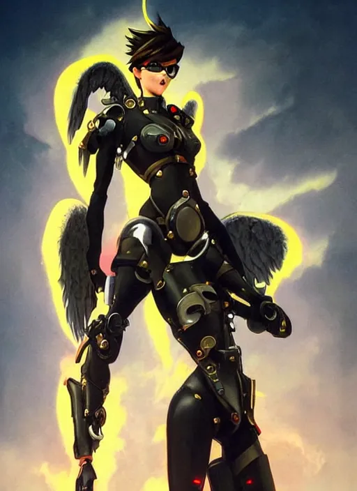 Image similar to full body artwork of tracer overwatch, wearing leather outfit, in style of zdzisław beksinski, angel wings, dramatic painting, wearing detailed steel collar, black shiny armor, chains, black harness, detailed face and eyes,